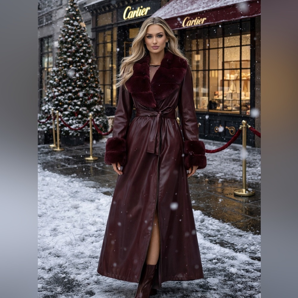 Faux fur lined collar cuffs vegan leather trench burgundy maroon jacket